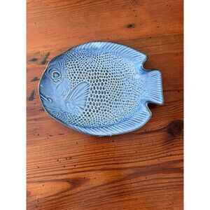 Cobalt Blue Angel Fish Pottery Plate Dish Platter Vintage Japan Art